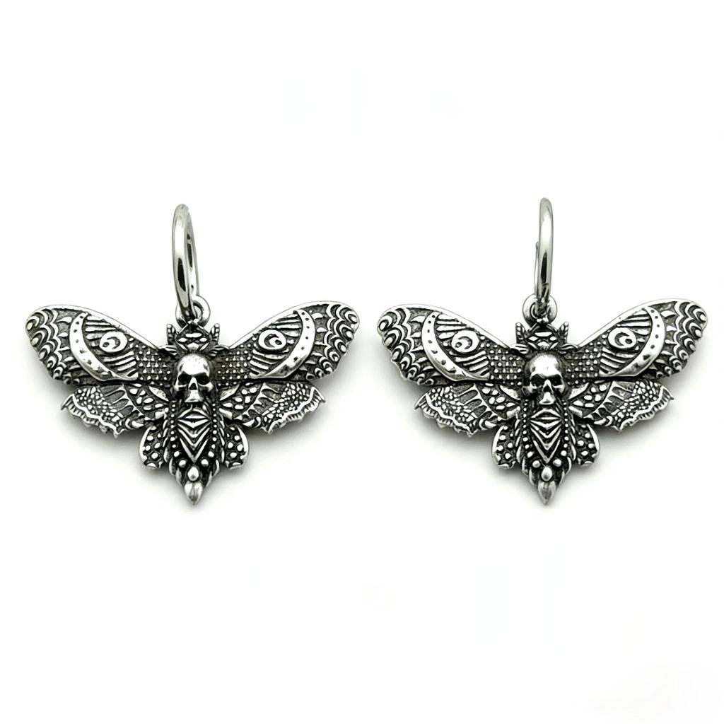 Gothic Moth Hoop Earrings 1 Pair, Vintage Witchy Moth Dangle Earrings, Silver Tone Punk Jewelry Gift