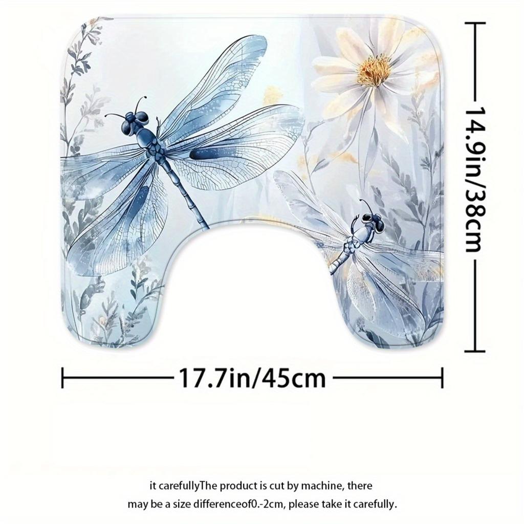 1/4Pcs Blue White Floral Dragonfly Bathroom Decor Set Waterproof Shower Curtain with Anti Slip Mat and Toilet Cover All Season Home Decor Gift