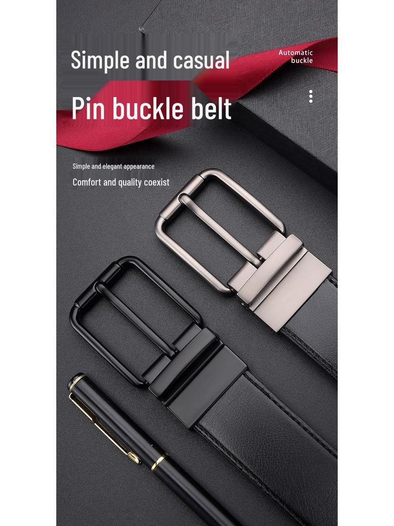 Extra Long Men's Reversible Leather Belt with Rotatable Pin Buckle