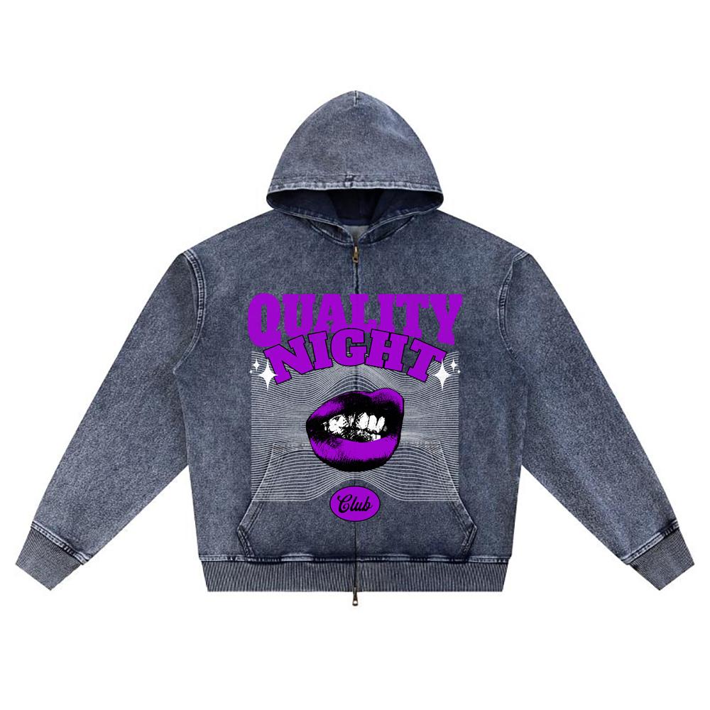 DTG print Knitted Denim Zip-Up Hoodie Streatwear Brother Print Zipper Hoodies