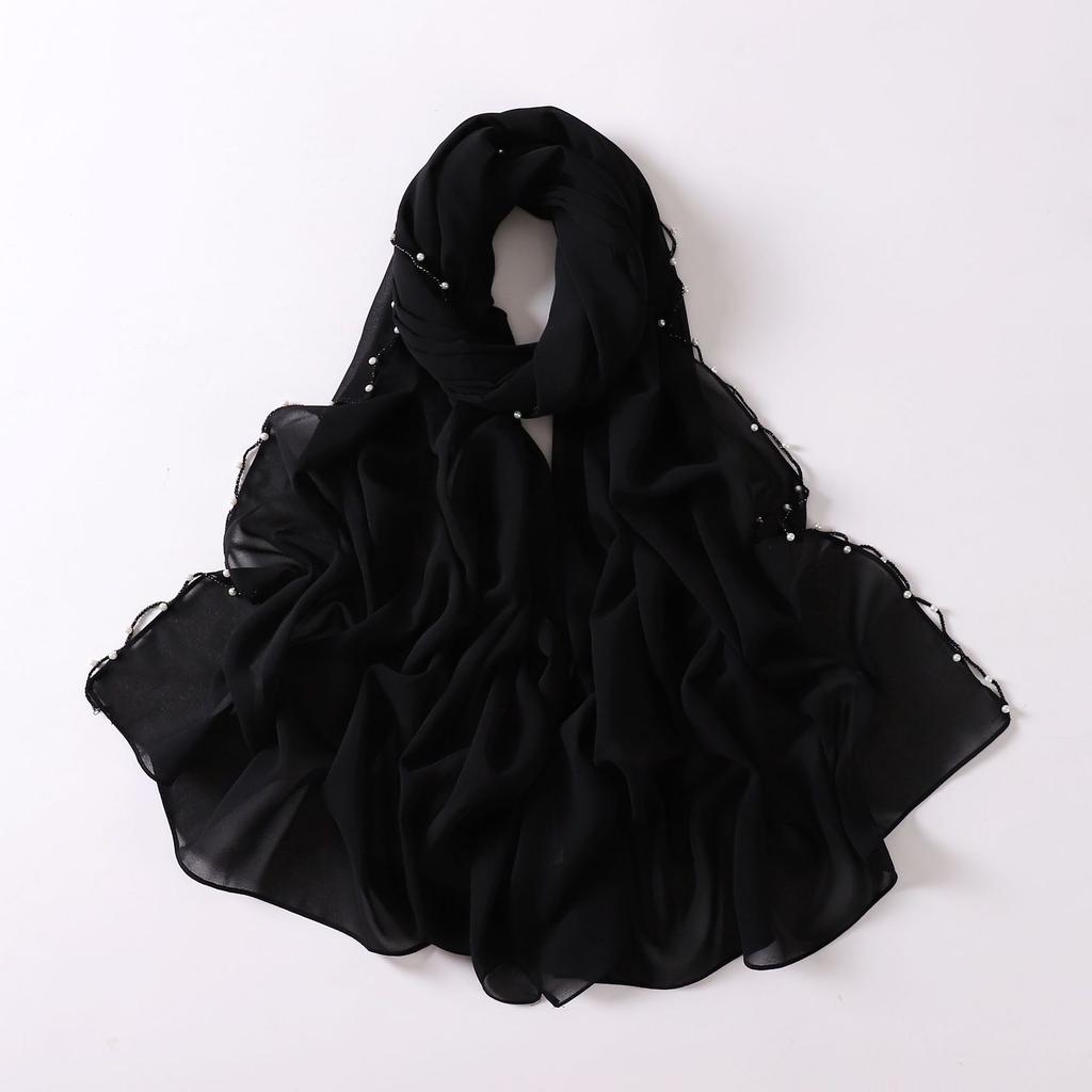 New Pearl Chiffon Hijab Scarf Copper Chain With Black Crystal Pearls Women Muslim Fashion Hijabs For Women Ramadan Turban Femme