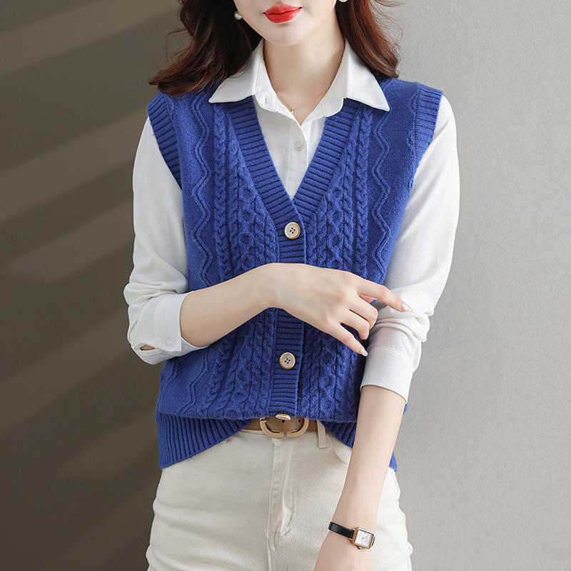 Dámská elegantní polyesterová pletená vesta | Svetrová vesta s copánkovým vzorem a výstřihem do V | Jednobarevné pletené oblečení bez rukávů | Módní top pro vrstvení na podzim/zimu