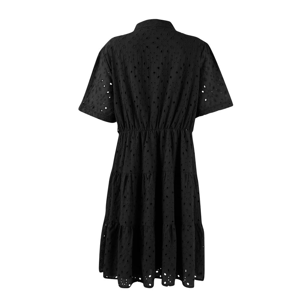 Women's Fashion Summer Solid Color V Neck Short Sleeved Beach Vacation A-line Dress