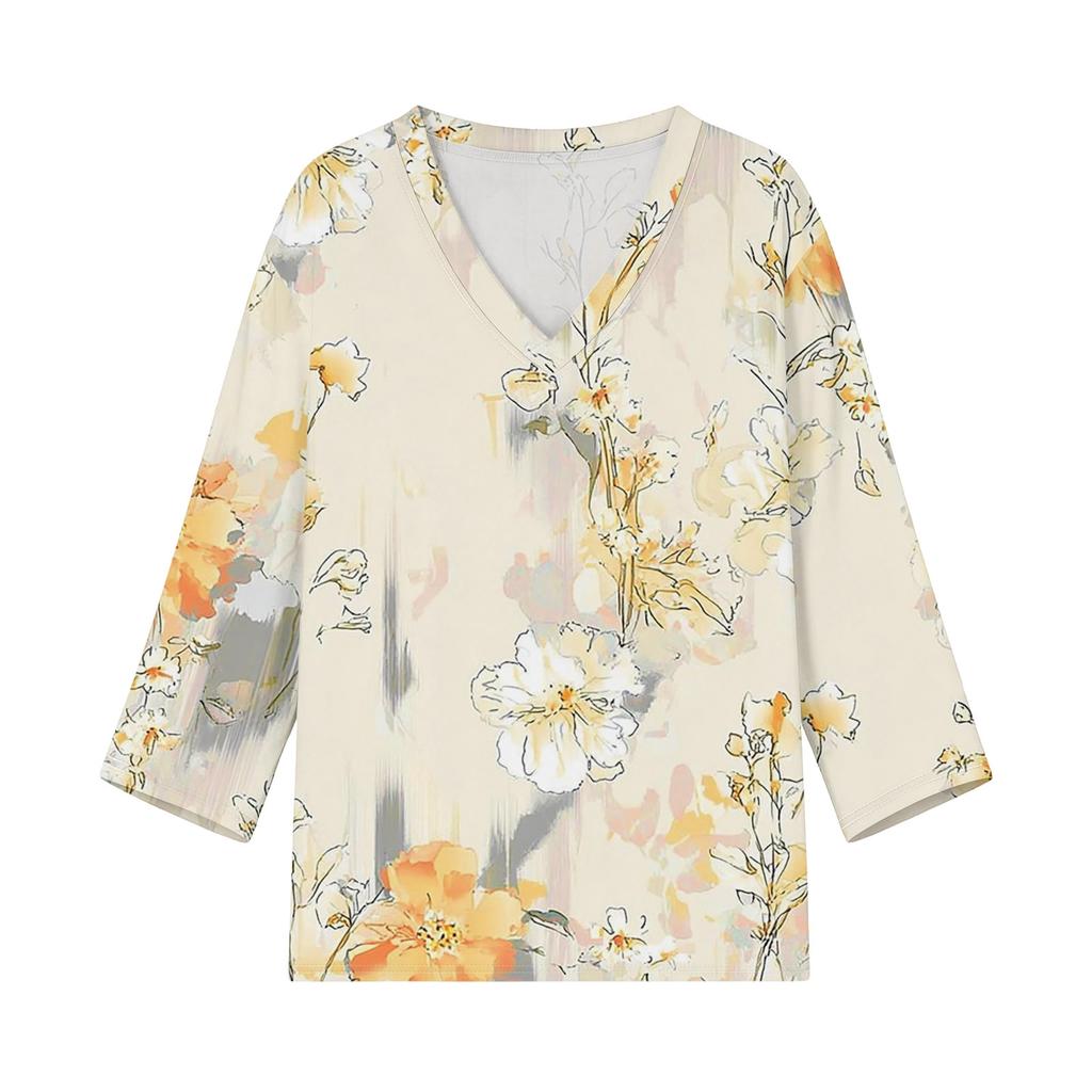 Women’s V Neck 3/4 Sleeve Blouse with Large Floral Print Relaxed Fit Lightweight Casual Top for Daily Wear