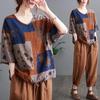 Women's Summer V-neck Thin Ethnic-style Color-blocked T-shirt, Loose-fitting Casual Short-sleeved Top for Middle-aged and Elderly Women