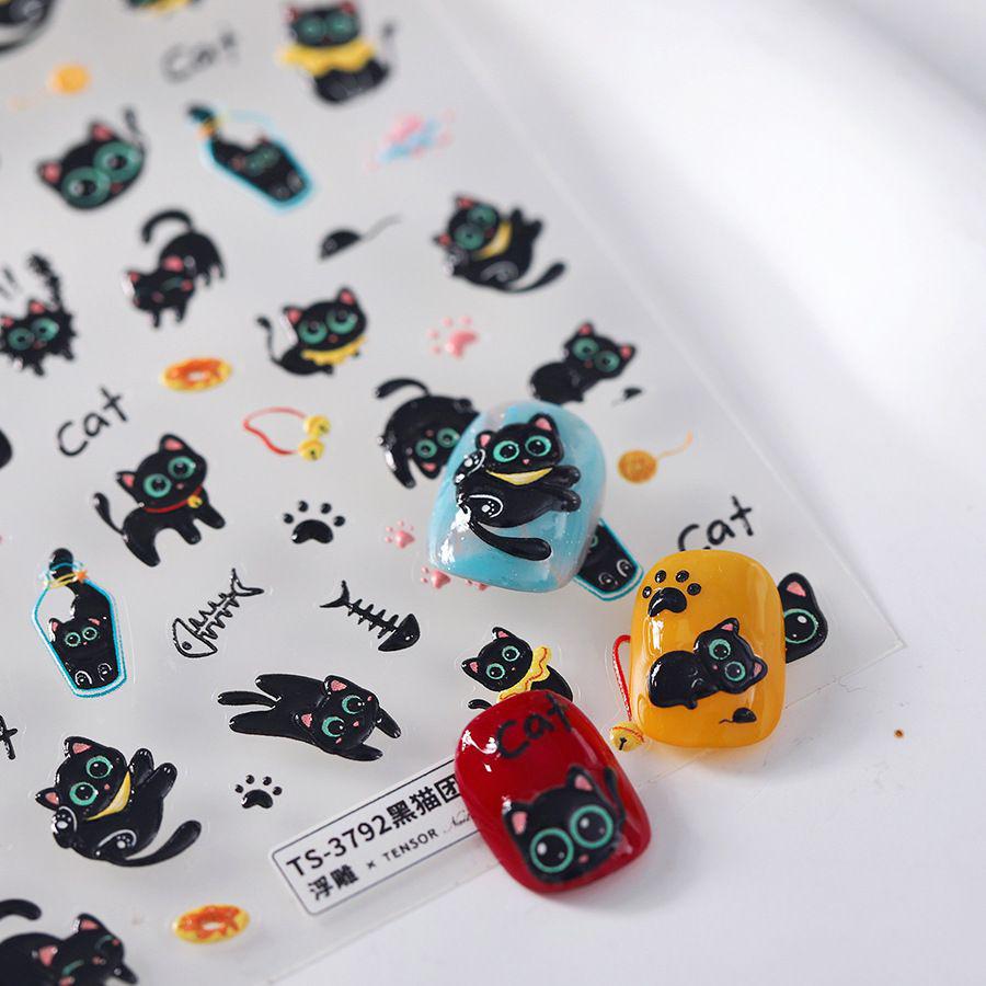

Embossed 3D Black Cat & Fishbone Nail Art Stickers - Cute Kitten Design 1 Sheet