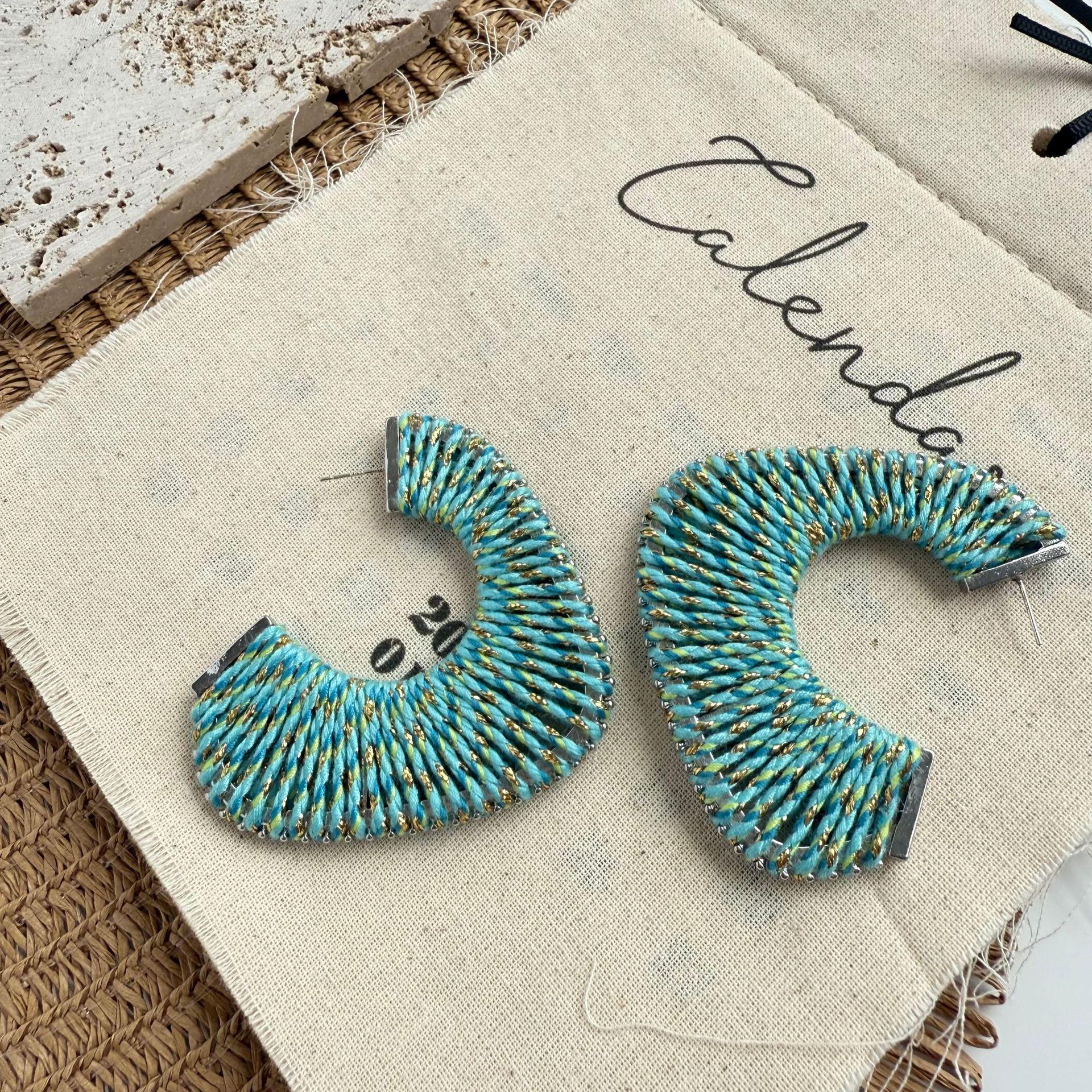 Cotton Thread C-Shaped Handmade Stud Earrings - European & American Fashion for Autumn/Winter