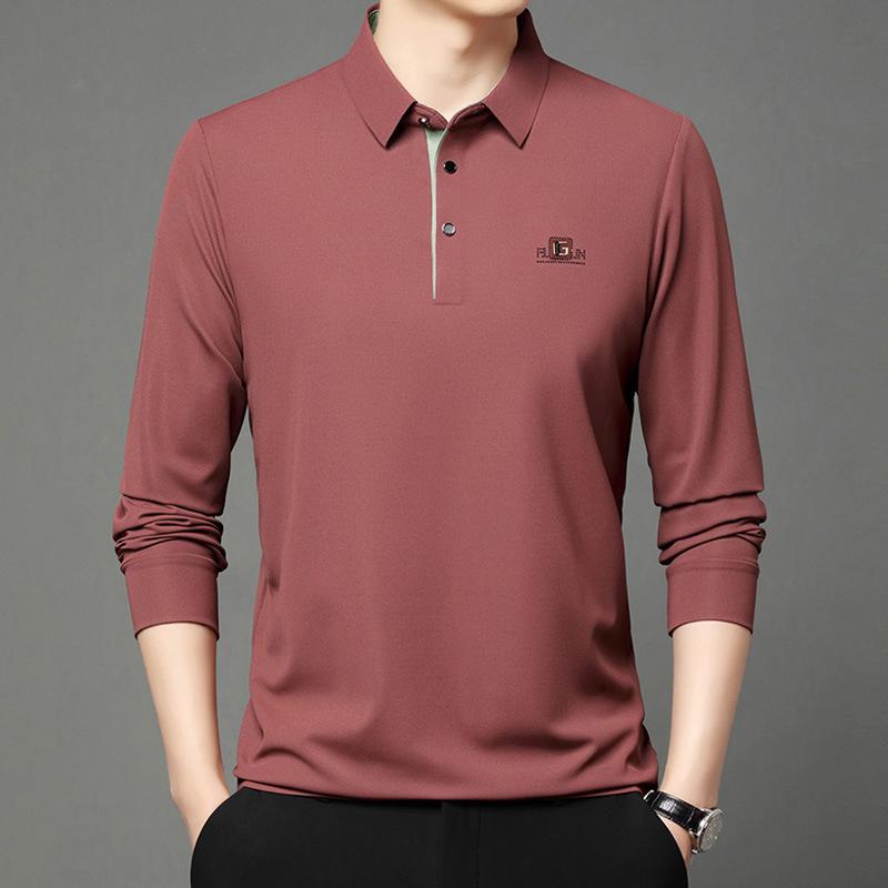 Long-Sleeved Polo Shirt Men'S Simple Casual Bottom Lapel Printed T-Shirt Bottom Shirt