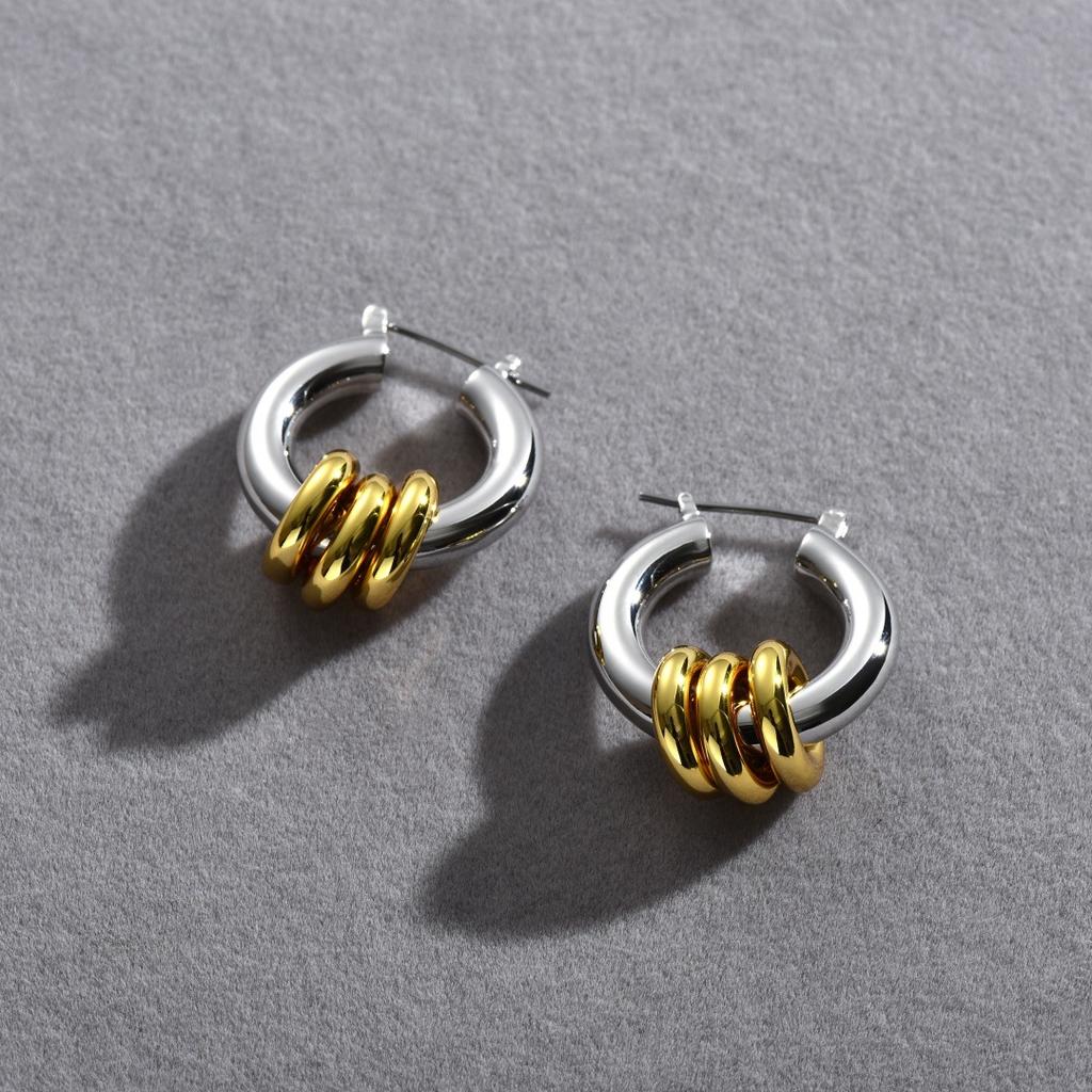 Trend Personality Unique Simple Small Ring Pendant Gold And Silver Color Matching Ear Buckle Earrings Niche Fashion Earrings Women
