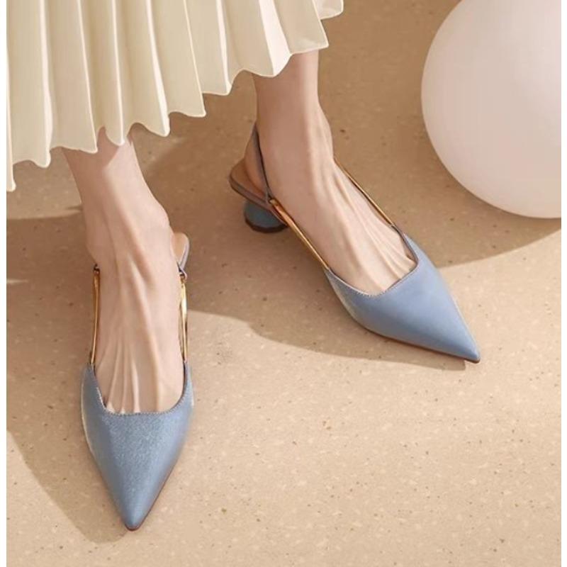 Fashion New Style Fashion Women's French Satin Style Sandals Spring Women Baotou Mid Heel Design Luxury Pointed Versatile Single Shoes