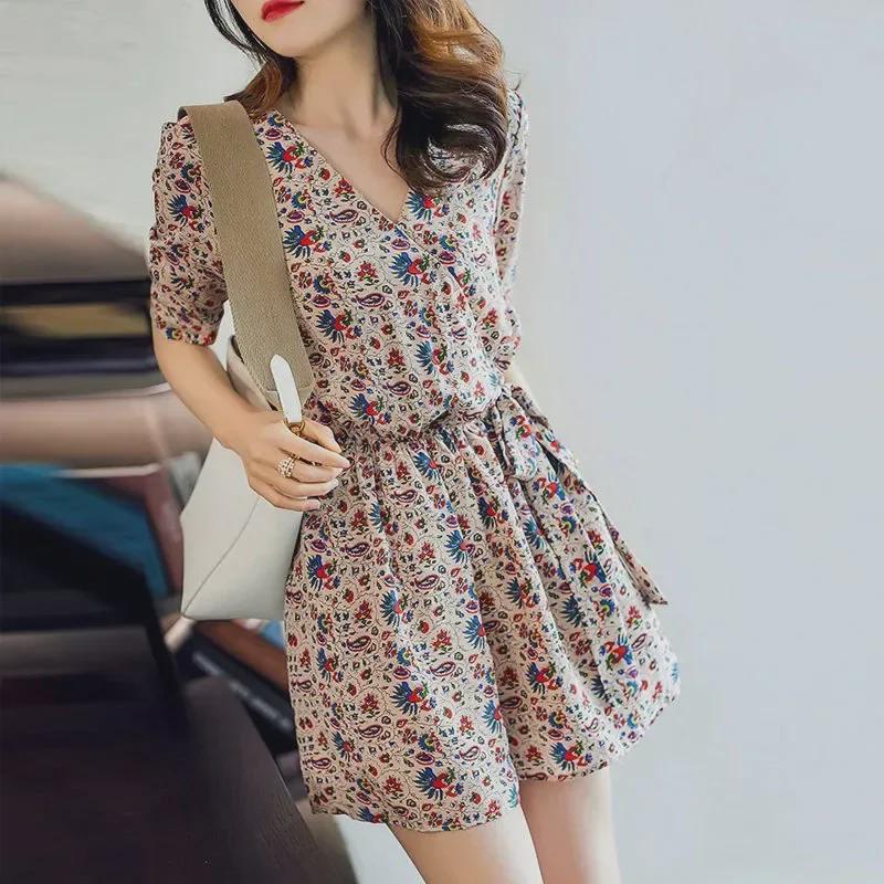 2024 Summer Floral Chiffon Wide-Leg Short Jumpsuit for Women