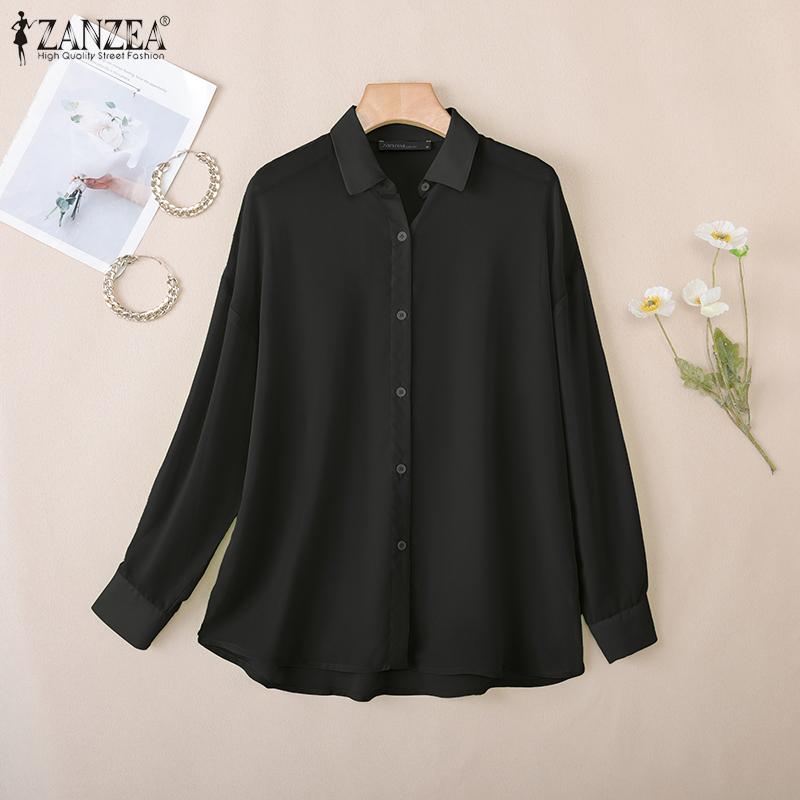ZANZEA Women Casual Turn Down Collar Long Sleeve Perspective Cover Up Blouse
