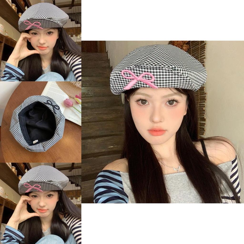 Elegant Korean Style Plaid Bowknot Cloud Beret Hat For Women And Men Spring Fashion