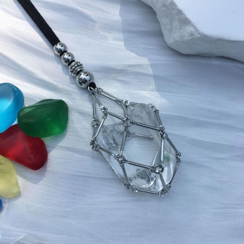 Empty Crystal Stone Holder Necklace Cord Adjustable Natural Crystal Cage Necklace Chain Mesh Pendant Necklace Gifts