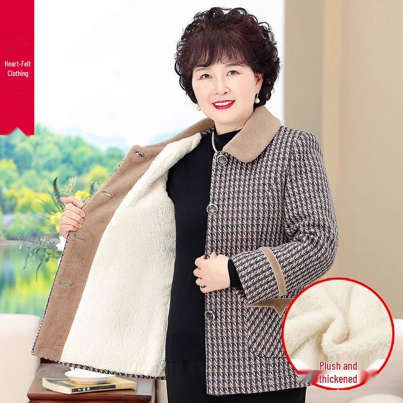 

Women s Plaid Short Winter Coat for Seniors - Thickened, Fleece-Lined, Fashionable Grandma Style 5XL (145-160 jin)