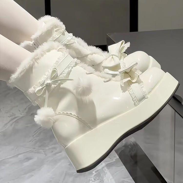Sweet Winter Girls Lolita Mid-Calf Snow Boots Cute Female Students Plush Warm Bowknots Lace Up Wedge Heel Heightening Shoes