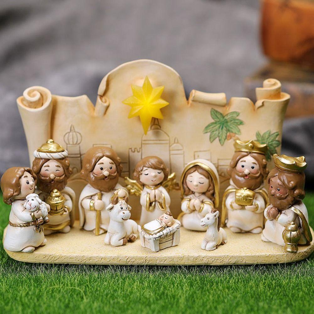 Miniature Nativity Figurine Cartoon Manger Group Catholic Christian Holy Family Sculpture  Bedroom
