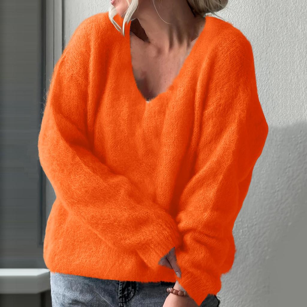 Modă Femei Casual Gât în V Culoare Solidă Mânecă Lungă Tricotat Pulover Top