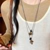 Vintage Natural Tigereye Heart Cross Beaded Necklace With Metallic Flower Pendant Women Sweater Chain Jewelry