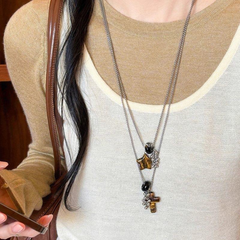 Vintage Natural Tigereye Heart Cross Beaded Necklace With Metallic Flower Pendant Women Sweater Chain Jewelry