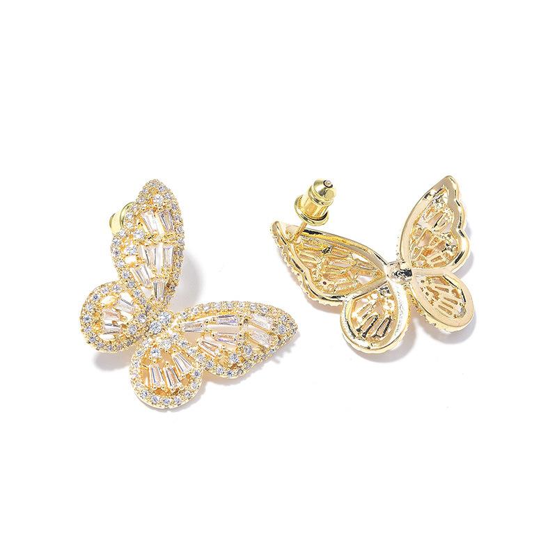 Luxury Atmosphere Zircon Butterfly Temperament Stud Earrings Women'S Senior Sense Real Gold Electroplating S925 Silver Needle Earrings
