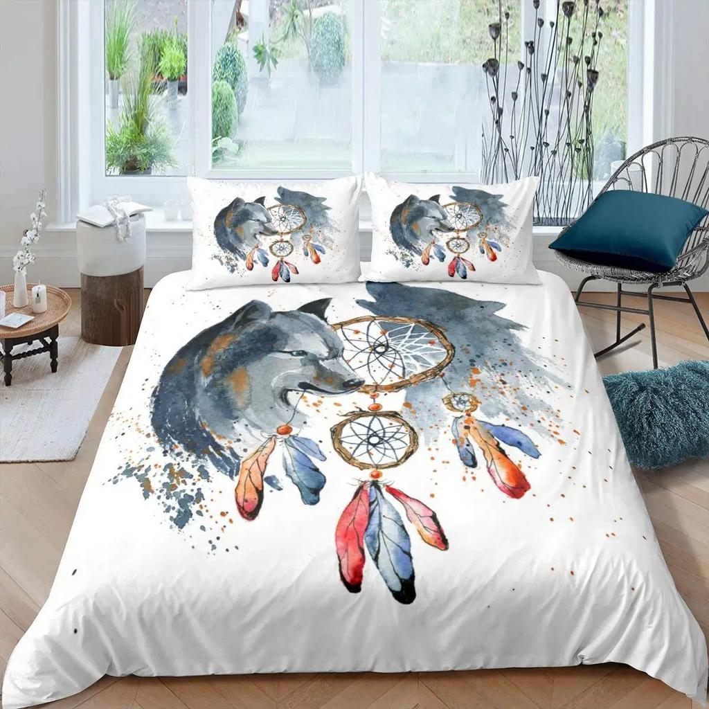 Wolves Dreamcatcher Duvet Cover Set, Animal Prints Queen Size Comforter Cover, Dreamlike Vintage Feather Wolf Bedding 3pcs Sets
