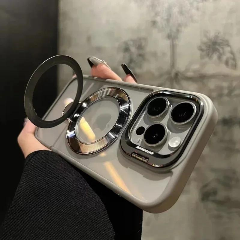 Luxury Ring Magnetic Glass Lens Stand Phone Case for iPhone 17 16 11 13 14 12 15 Pro Max Funda Magsafe Clear Protect Cover