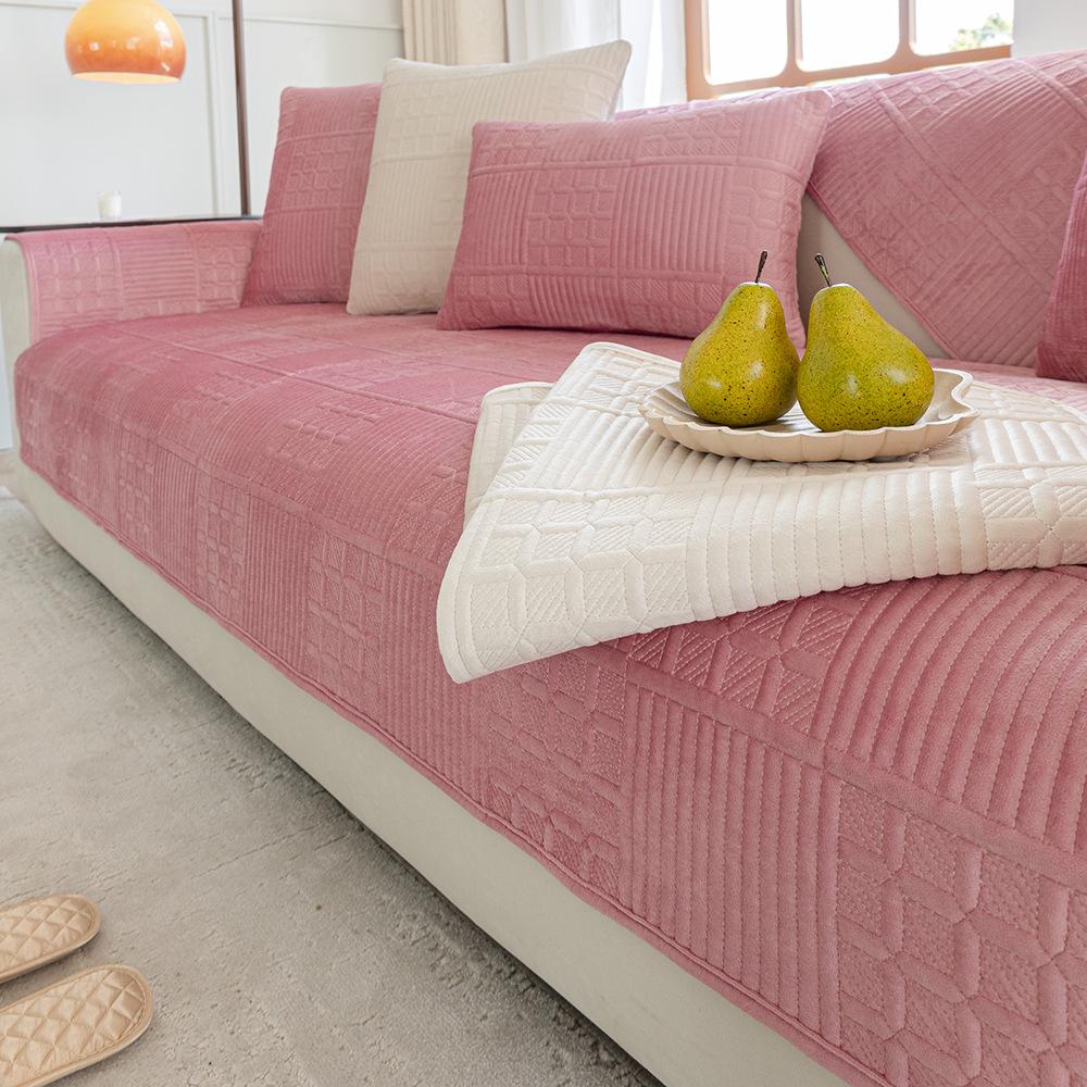 Nordic Simple Solid Color Modern Plush Sofa Cushion Four Seasons Universal Embroidery Non-Slip Seat Cushion Dutch Velvet Sofa Cover Towel