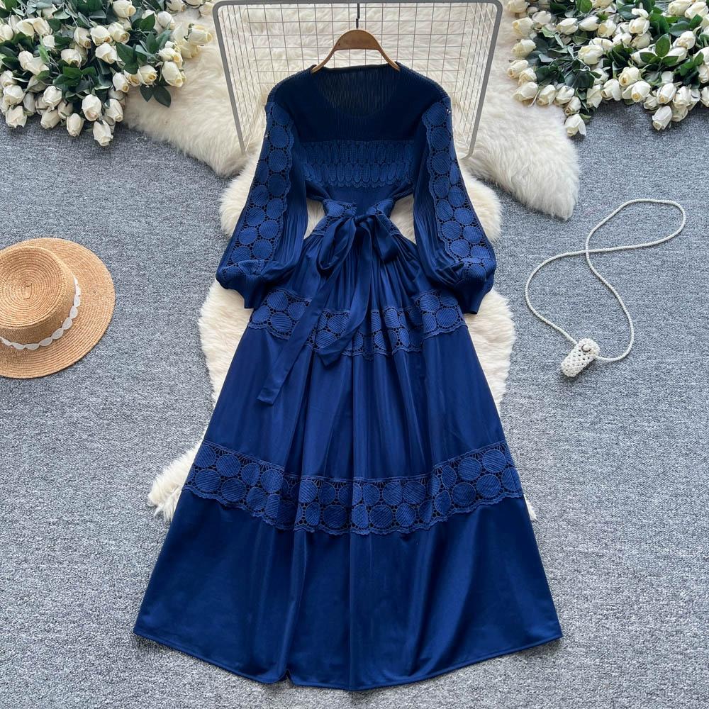 Spring Autumn Women Elegant Lantern Sleeve Lace Patchwork Miyake Robe Oversized Loose Long Maxi Holiday Party Dresses