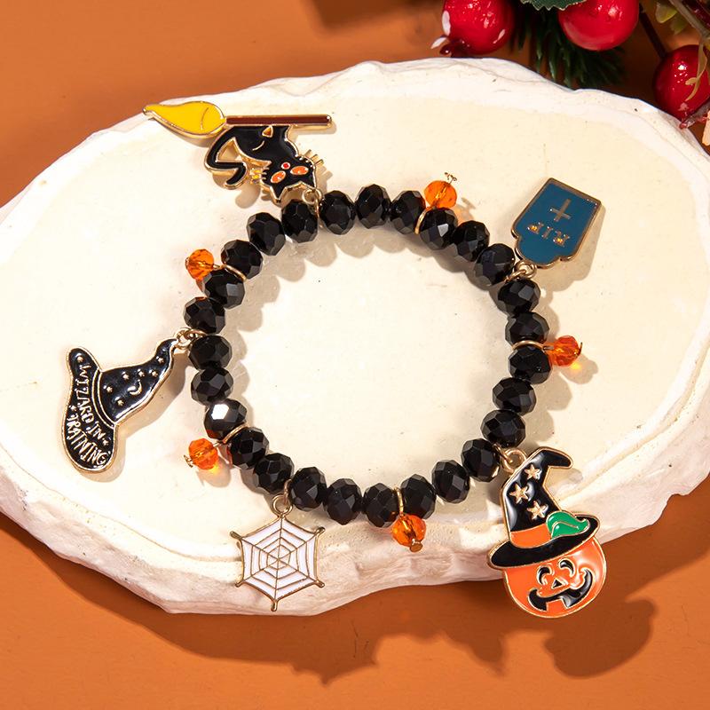 Halloween Beaded Stretch Bracelet for Women Ghost Pumpkin Spider Cat Witch Charm Costume Jewelry