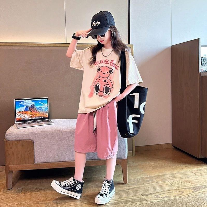 Summer Girls Clothes Child Set Sports Suit Teen Tracksuit Letter Print Bear T Shirt Tops + Short Pants
