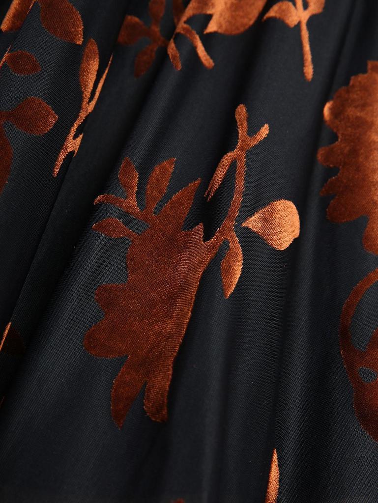 Rosegal Plus Size Floral Jacquard Grommets Lace-up Lace Trim Flare Sleeves Asymmetrical Top