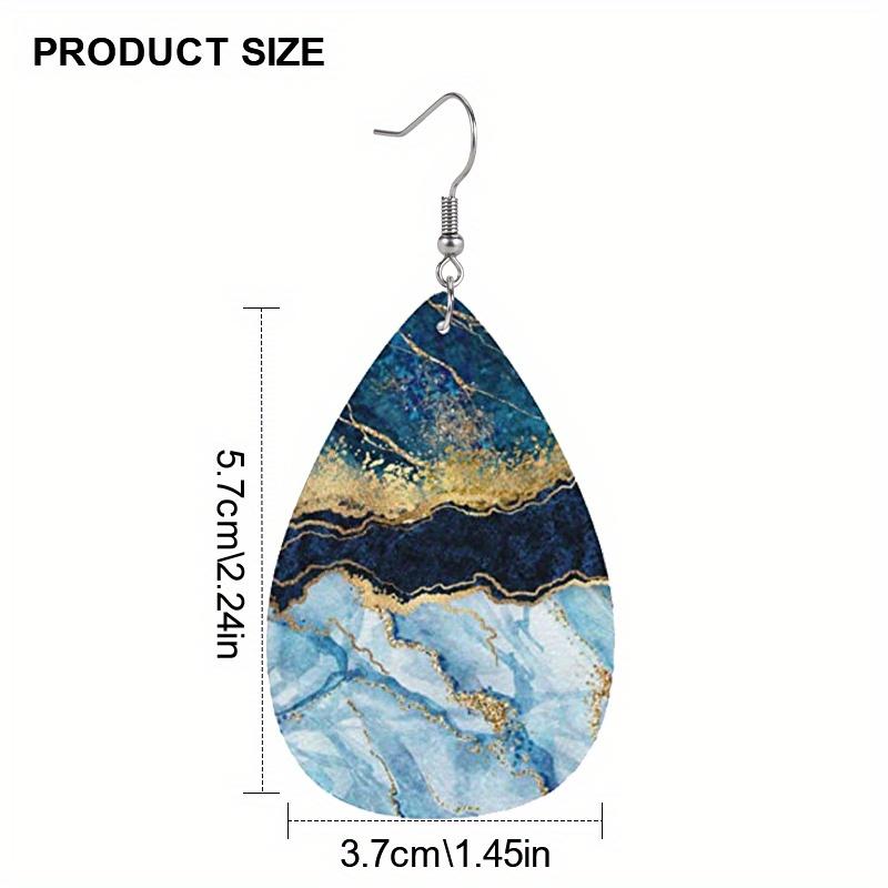 2D Flat Lightweight PU Leather Printed Teardrop Earrings, Blue-Purple Gradient Marble Pattern & Black Rose Design, Women's Fashion Pendant Earrings