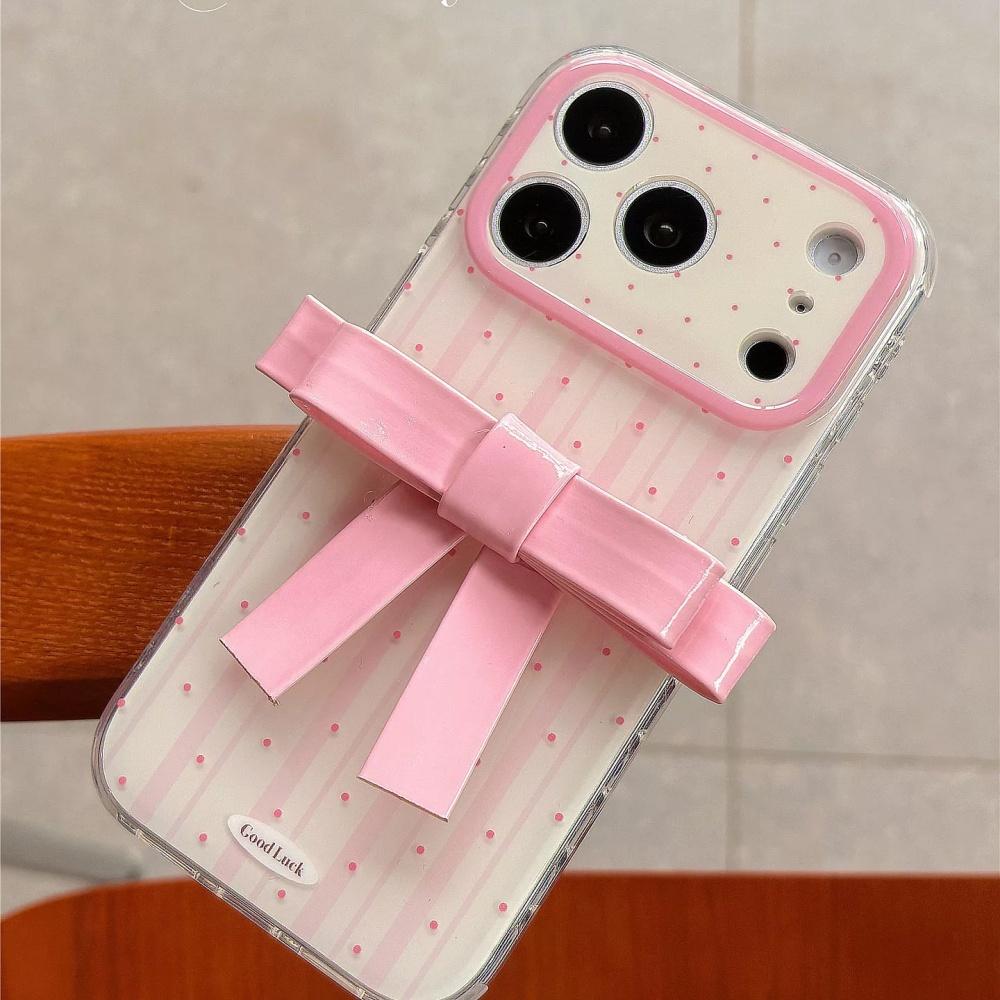 Korean Style Polka Dot 3D Pink Bow iPhone 17 Pro Max Case Creative Design 14 Pro Cover Fashion Full Edge Protection