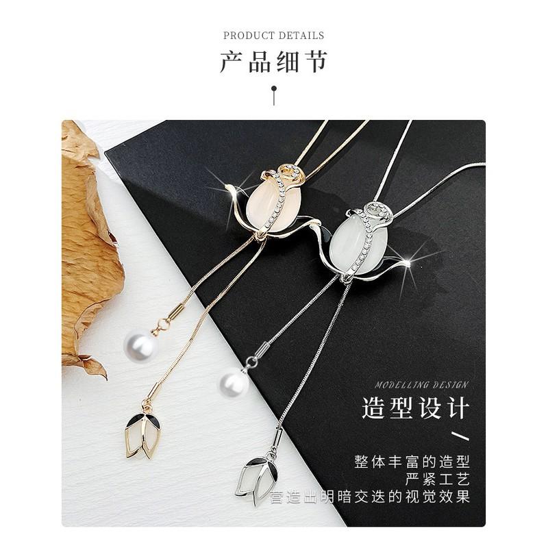Elegant Long Pendant Necklace With Tulip Cats Eye Stone Flower Design Women Gold Or Tone Alloy Snake Chain 81cm