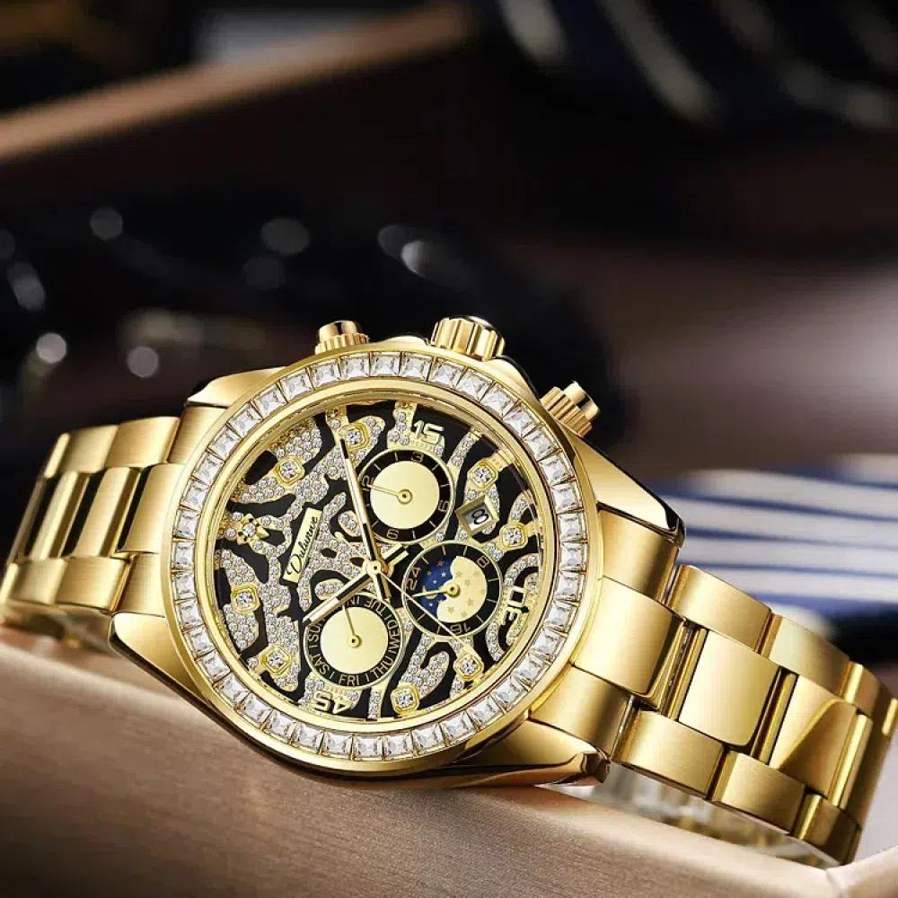 Dulunwe Moon Phases Calendar Display Watch Waterproof Stainless Steel Gold Wristwatch Luxury Unique Men's Automatic Mechanical Watches