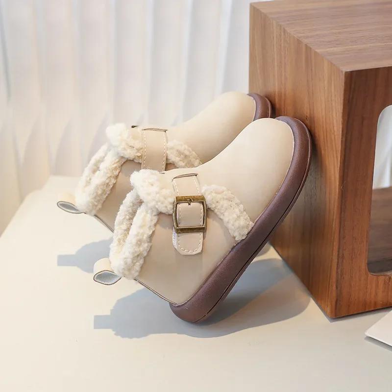 

Зимние детские хлопковые ботинки по щиколотку, классические простые ботинки для девочек, теплые, модные, детские, повседневные, плюшевые ботинки с круглым носком, универсальные 27 бежевый