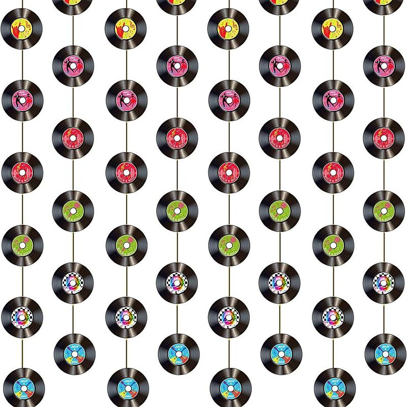 WTEMPO Retro Rock 'n' Roll Themed Party Pull Flags Festive Party Hanging Streamer with Vinyl Record Design DIY Durable Paper Banners Activity Supplies