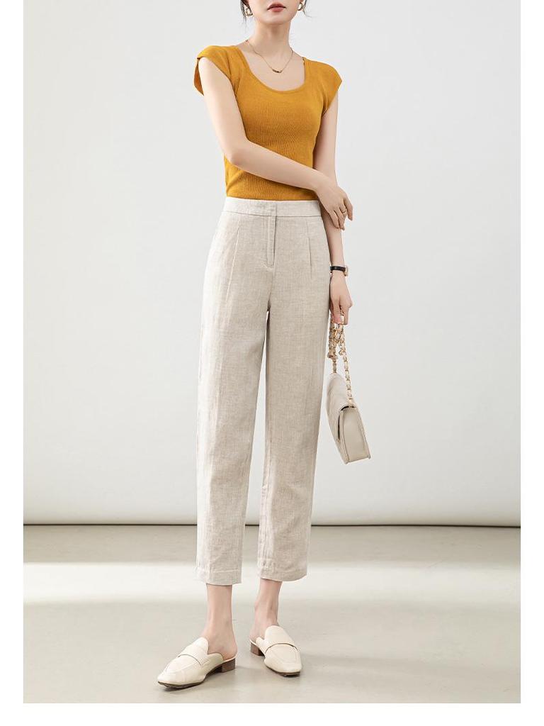 Women's High-Waist Cotton Linen Cigarette Pants - Summer 2025, Petite Eight-Point Casual, Straight Leg