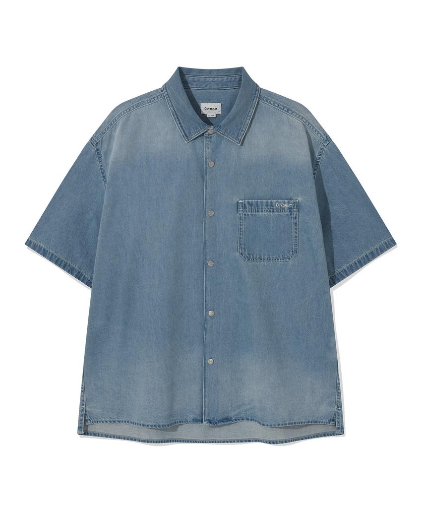 COVERNAT Washed Denim Half Shirt Light Blue