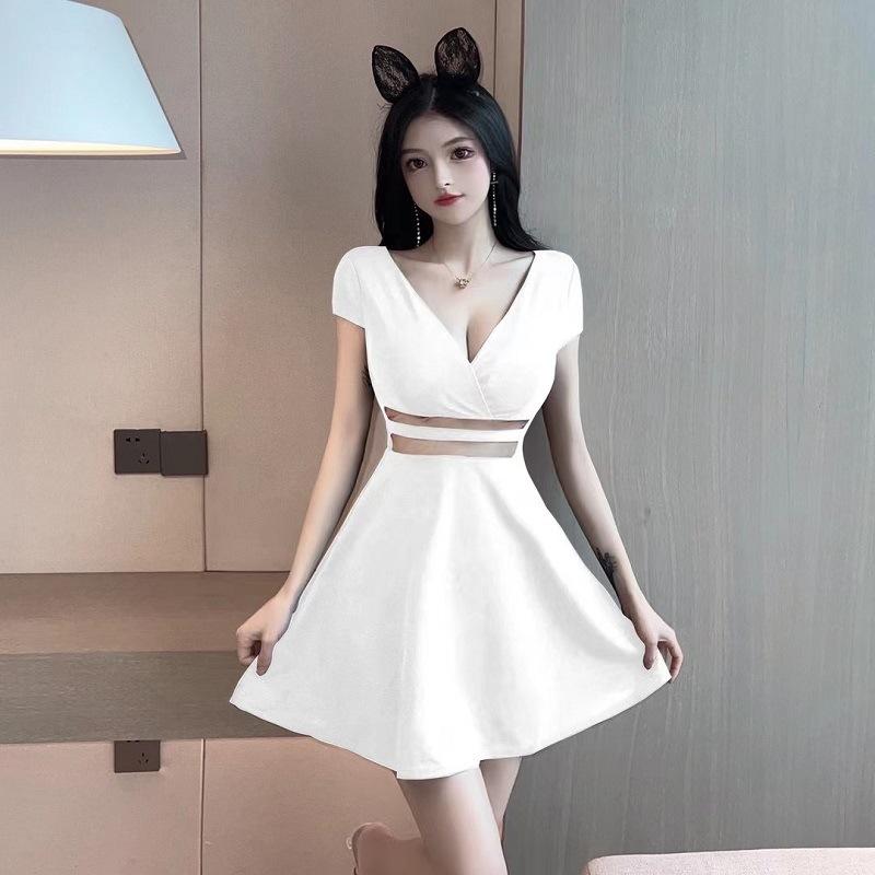 

2 Summer new sexy Spice Girl collar show chest mesh splicing small black dress waist short sleeve big swing dress S белый
