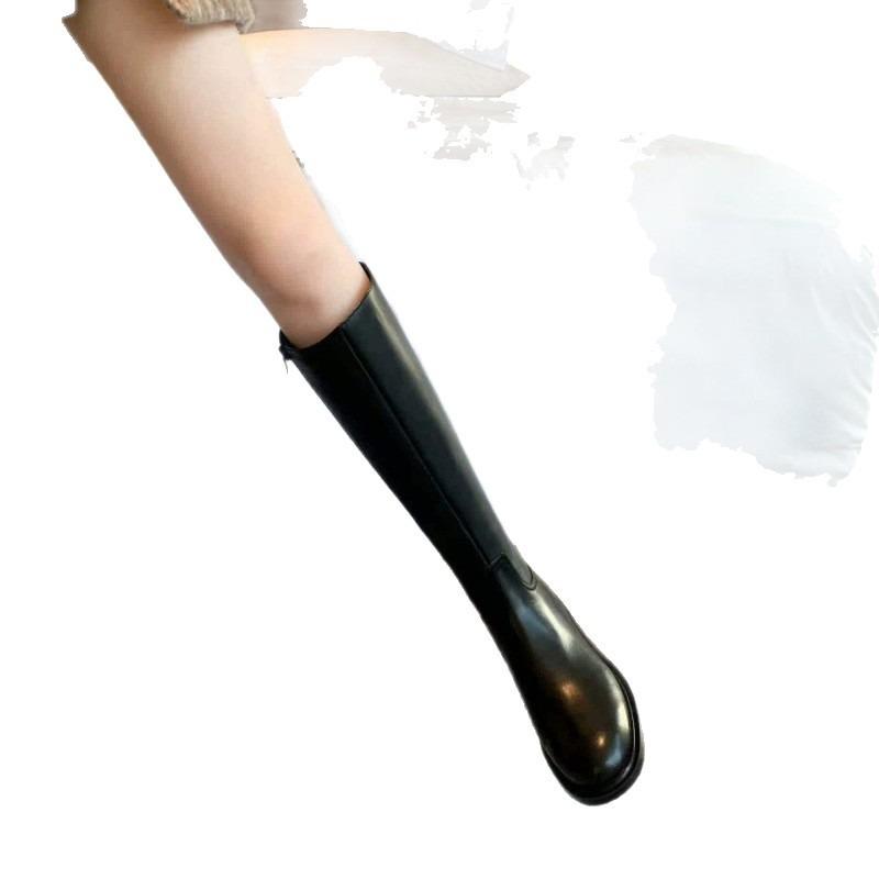Cowhide Version~ Niche Leather Knight Boots Women's Winter Tall Boots Flat Bottom Side Zipper Locomotive Boots Long Boots