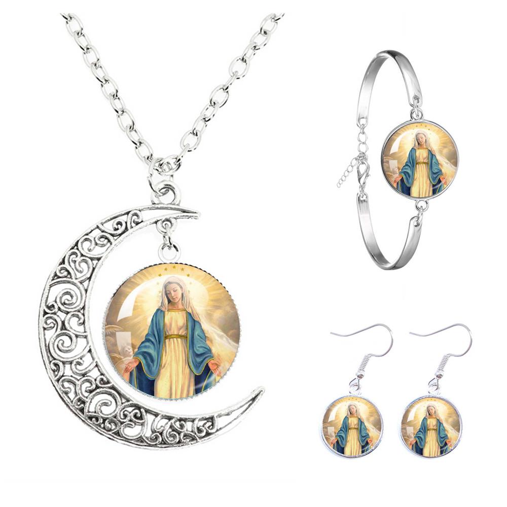 Virgin Mary And Baby Jesus Catholicism The Moon Necklace Earrings Bracelet Set Religious Glass Cabochon Pendant Gift Jewelry