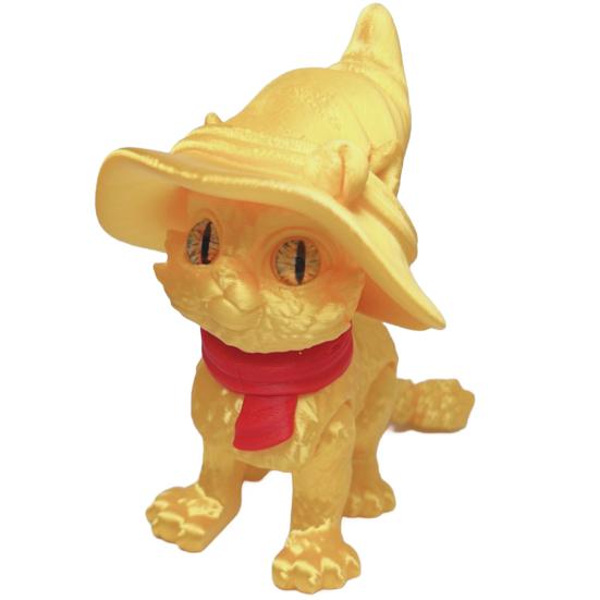 3D Printed Articulated Cat Wizard Hat Cat Ornament Wearing Red Scarf Big Eyes Cat Fidget Toy with Flexible Joints for Stress Relief Desktop Decoration