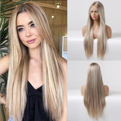 Lange, seidig glatte Spitzenperücke mit T-Teil, hellbraune, blonde Strähnchen-Perücke mit Babyhaar, hochdichte, hitzebeständige Kunsthaarperücke