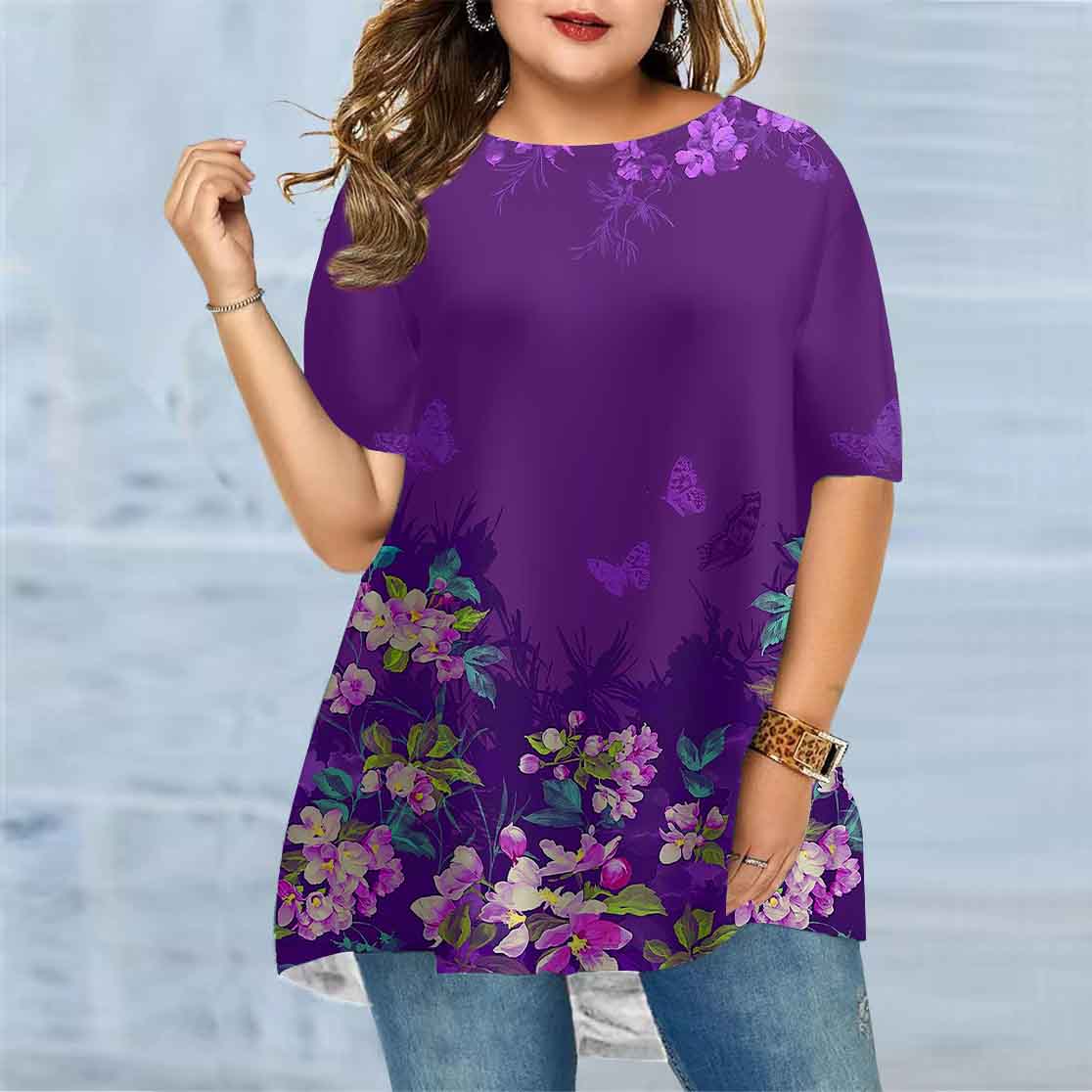 

Женская летняя фиолетовая золотая бабочка больших размеров, удобная футболка с короткими рукавами и круглым вырезом, повседневная мешковатая футболка средней длины 8XL фиолетовый