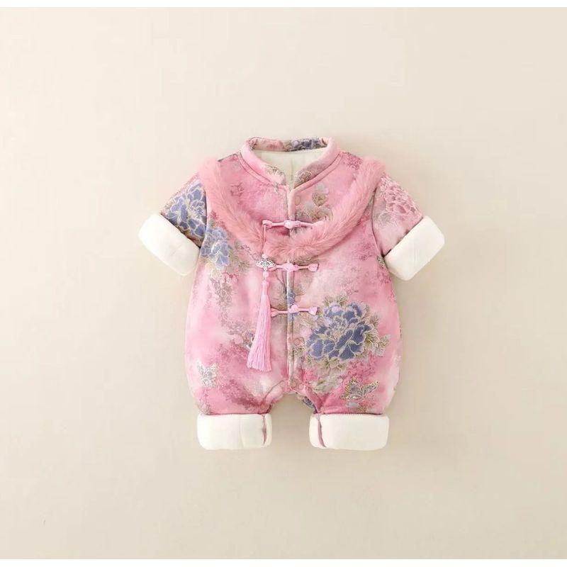 

2025 Baby Autumn and Winter Style Thickened Cotton Romper New Year Outfit Newborn Chinese Style One-Piece Crawling Suit Long Crawling Suit Pink Size 66