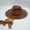Brown Hollow Hand-Woven Raffia Panama Jazz Top Hat Flat Straw Hat Summer Men'S And Women'S Vacation Beach