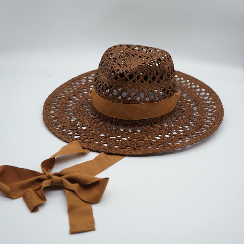 Brown Hollow Hand-Woven Raffia Panama Jazz Top Hat Flat Straw Hat Summer Men'S And Women'S Vacation Beach