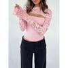 Women's Cutout Crop Top Long Lace Sleeve Slim Fit Party Going Out Top